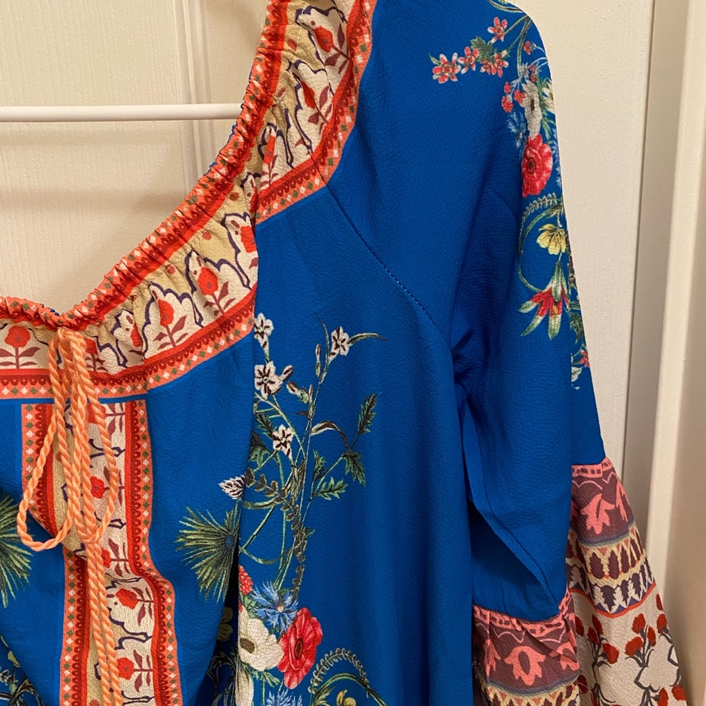NWT Umgee Blue Off Shoulder Babydoll Floral Mini Dress Tassels bell sleeves Boho - Picture 4 of 13